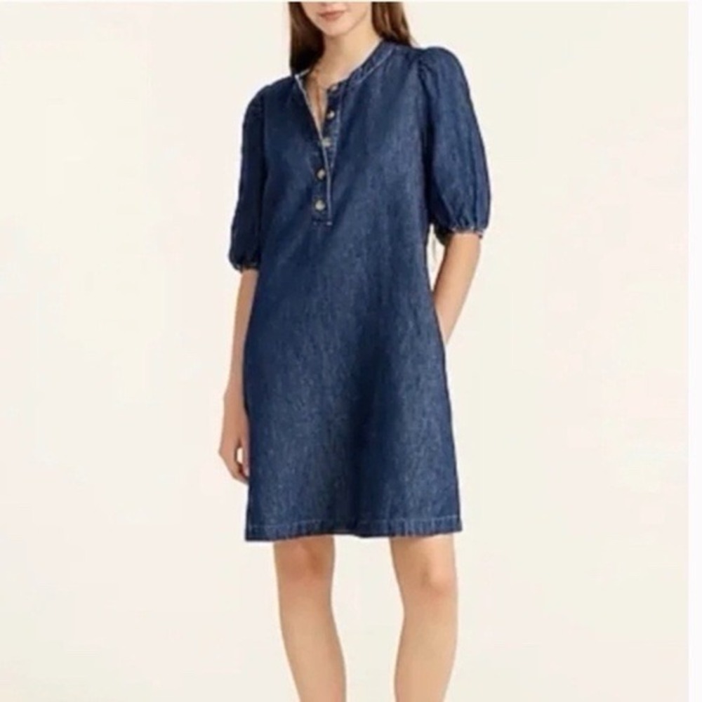 J. Crew Women's Puff-Sleeve Denim Popover Dress Blue Size Small Buttons